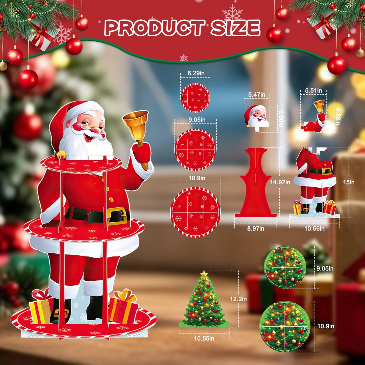 PRATIQUE 2Pcs Christmas Cake Stand Set with Santa & Tree,3-Tier Dessert Display Tower and Santa with Bell Ornament, Rustic Xmas Party Centerpiece for Holiday Cupcakes, Candy, Hot Cocoa Bar Decor