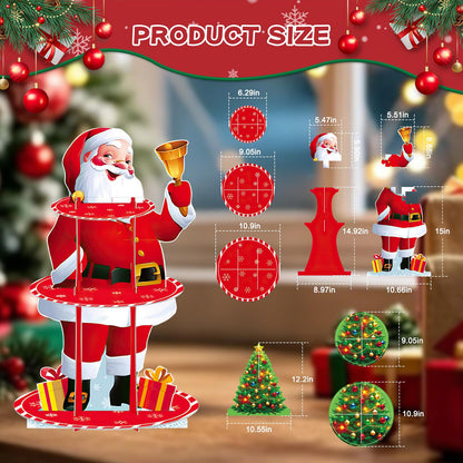 PRATIQUE 2Pcs Christmas Cake Stand Set with Santa & Tree,3-Tier Dessert Display Tower and Santa with Bell Ornament, Rustic Xmas Party Centerpiece for Holiday Cupcakes, Candy, Hot Cocoa Bar Decor
