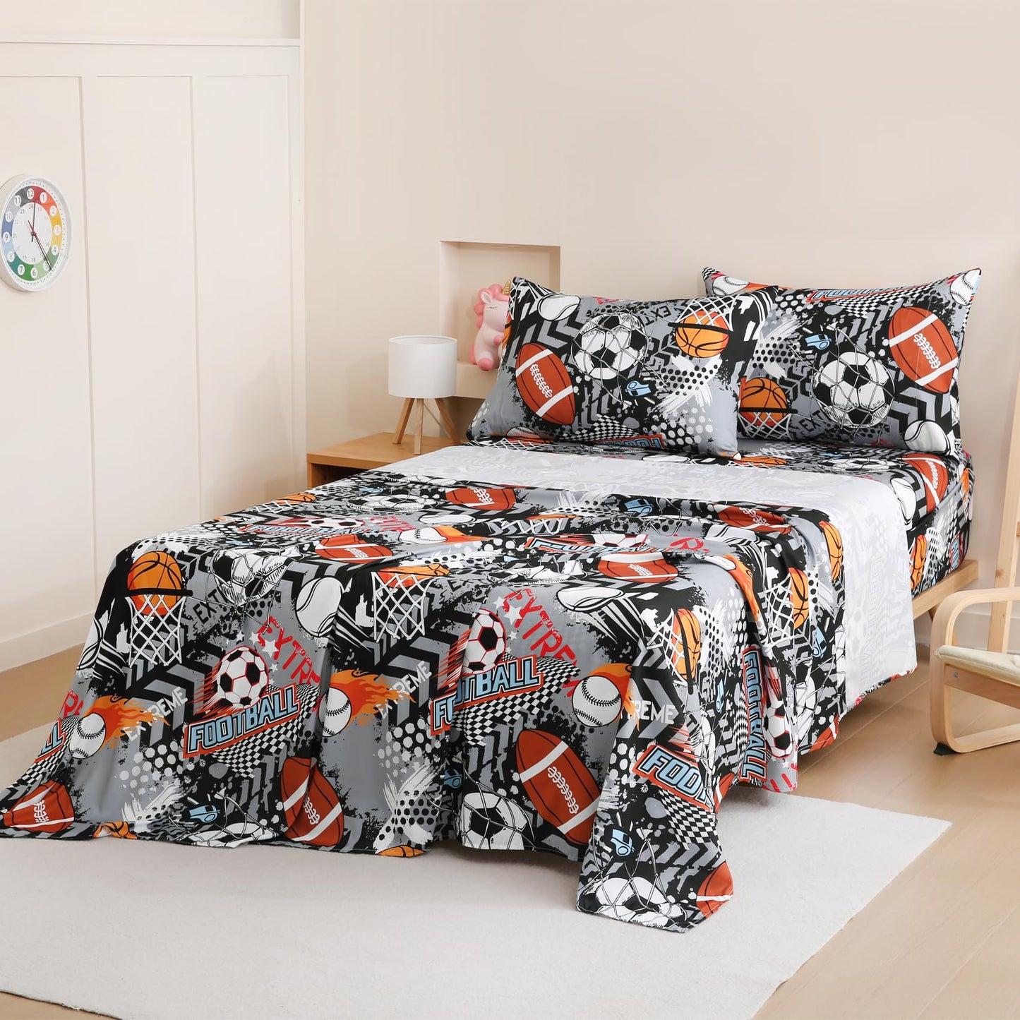 Yibeizi Grey Sports Sheet Set for Boys Full, Kids Football Basketball Baseball Print Bedsheets Microfiber Deep Pocket Cute Patterned Bed Sheet & Pillowcase Sets 4 Pieces