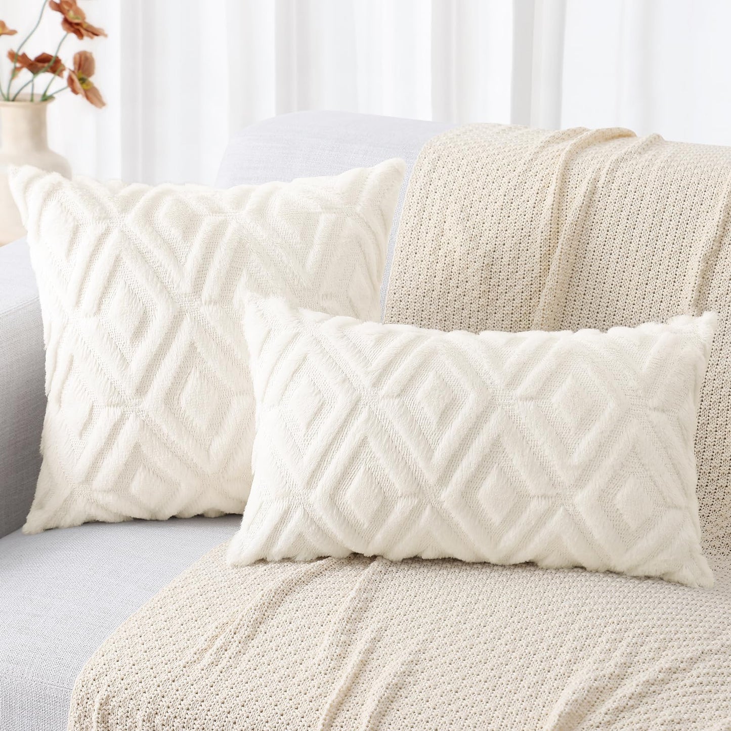 decorUhome Christmas Couch Throw Pillow Covers 18x18 Set of 2, Decorative Soft Plush Faux Wool Neutral Accent Pillow Covers for Bed Sofa Living Room, Cream White