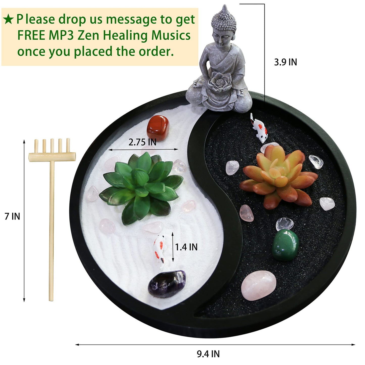 BangBangDa Buddha Meditation Zen Garden Kit - Home Office Tabletop Taiji Yin Yang Sand Garden Altar Zen Decor Zen Gifts DIY Mini Chakra Crystal Quartz Rock Garden w/Nature Healing Stone Rake Tool