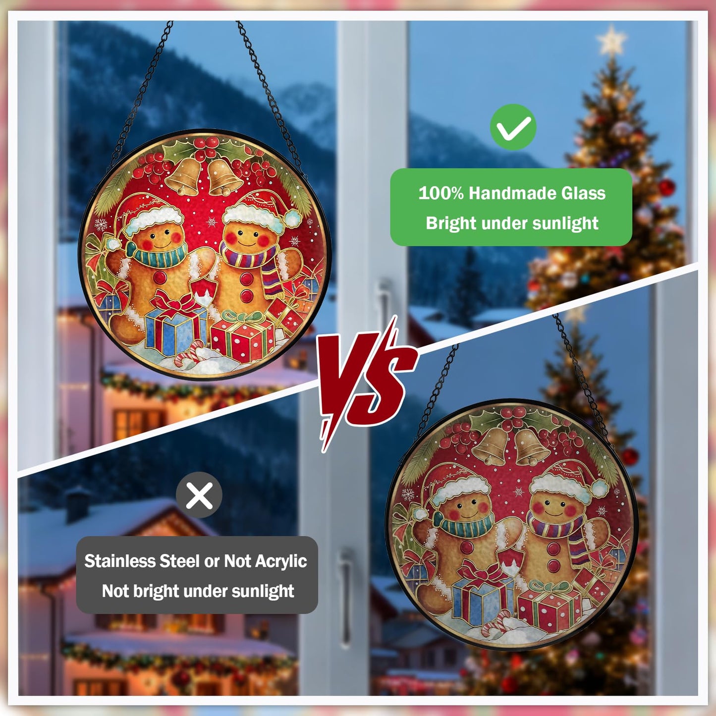 Christmas Decorations Stained Glass Window Hanging, Gingerbread Candy Cane Christmas Suncatcher for Window Hanging, Suncatchers Indoor Windows Wall Art for Mom Grandma, for Home Office 7.87 inches