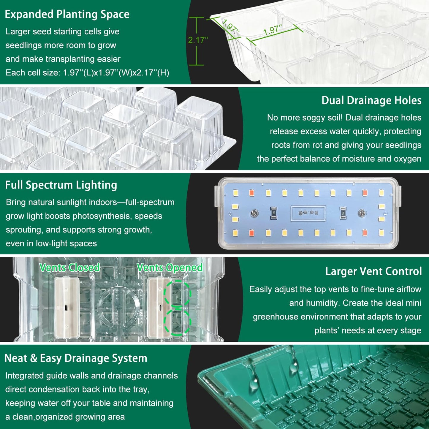 Seed Starter Tray with Grow Light and Heat Mat, Seed Starter Kit with Humidity Dome and Timing Controller, Adjustable Vent and Brightness, Ideal Germination Tray for Seed Starting and Seedling Growing