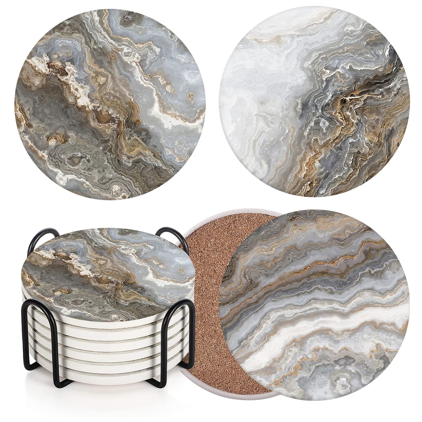 Britimes Coaster for Drinks Set of 6, Grey Marble Golden Stone Agate Table Absorbent Round Ceramic Stone Mat, with Cork Base and Metal Holder, Gift for Housewarming Room Bar Decor