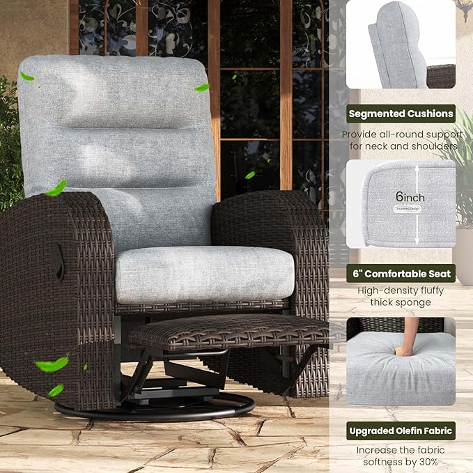 LayinSun Oversized Wicker Outdoor Swivel Glider Recliner with Adjustable Backrest & Footrest, Patio Reclining Lounge Chair