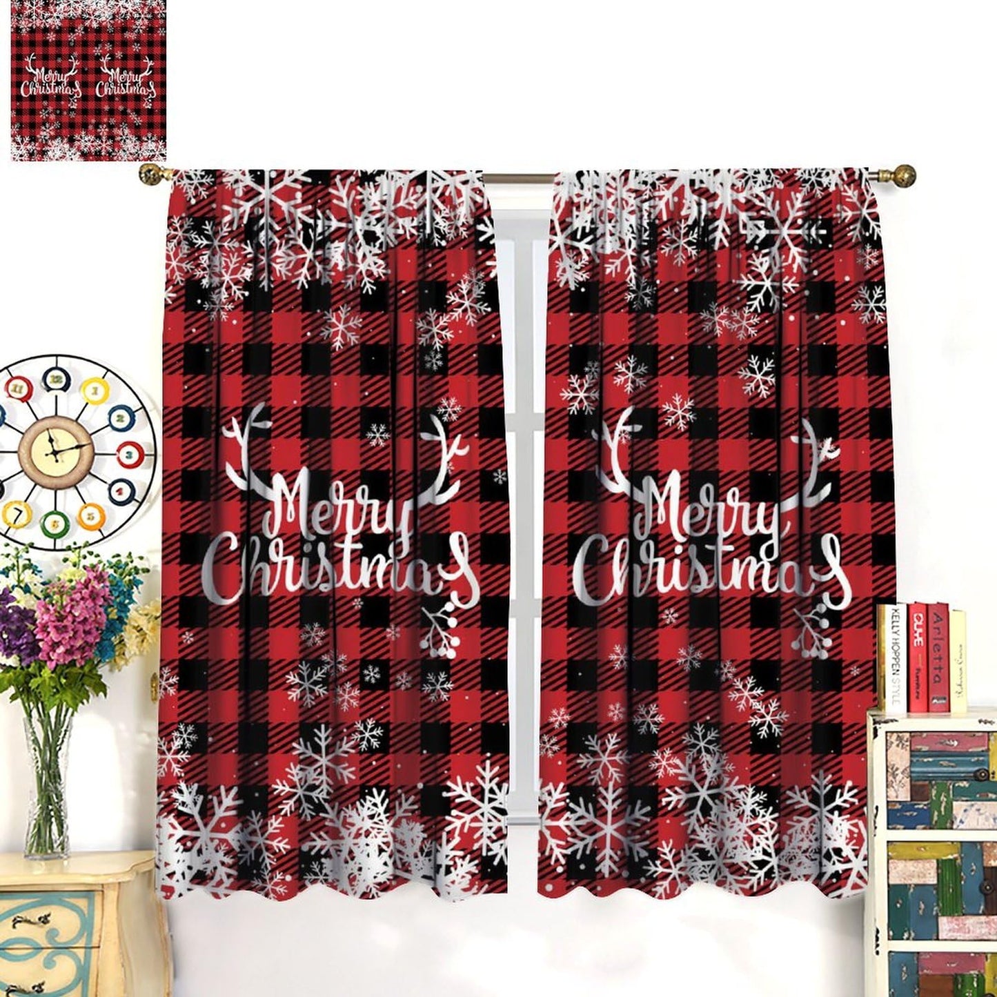 Christmas Curtains, Snowflake Decoration Printed Tartan Fabric, Bedroom Living Room Kitchen Dining Room Decor Curtains Window Treatment 2 Panels Set Total Size 42" W X 45" L Inch