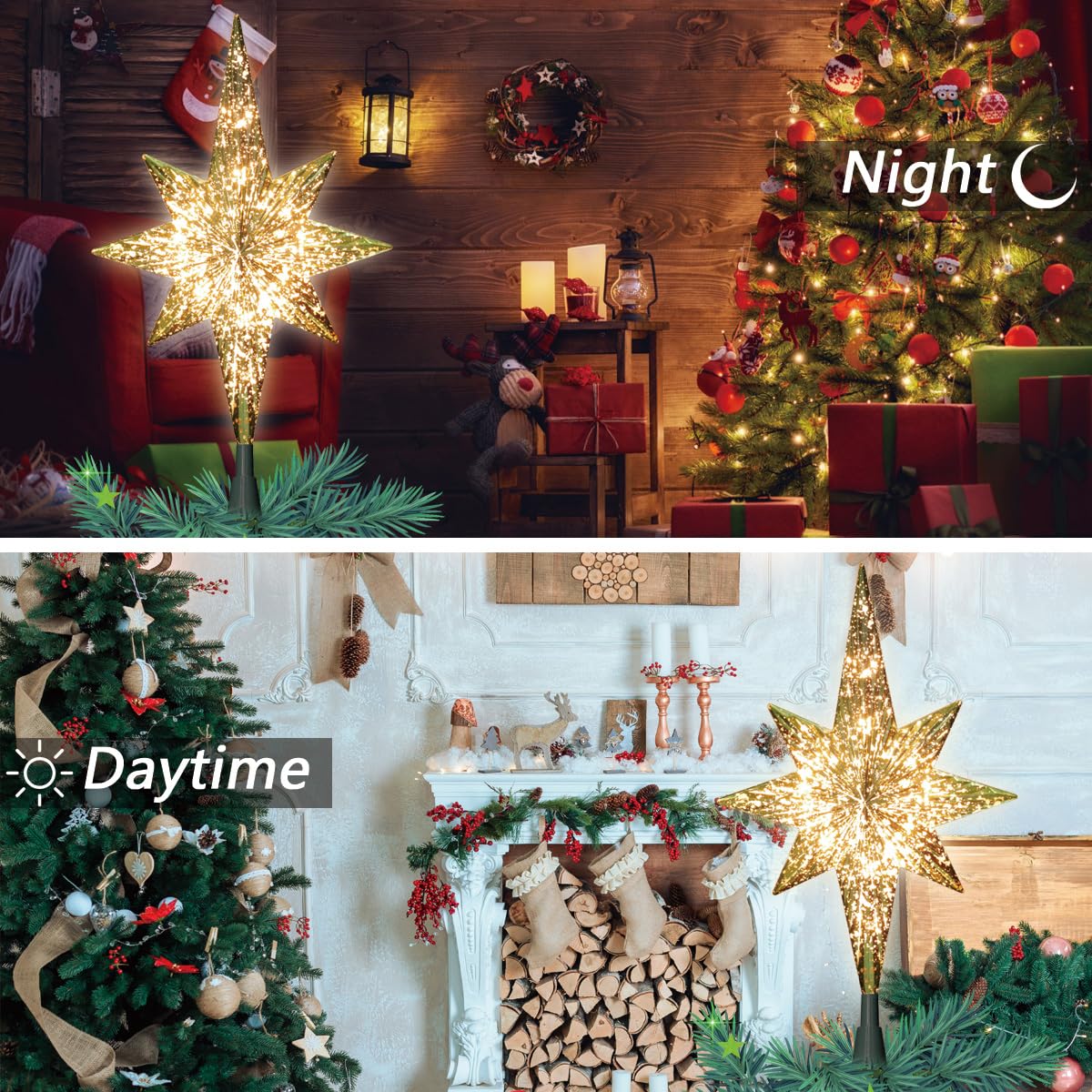 LAMPHOME 10-Light Christmas Tree Topper,Bethlehem Star Tree Topper, Gold Bethlehem Star Treetop, Golden