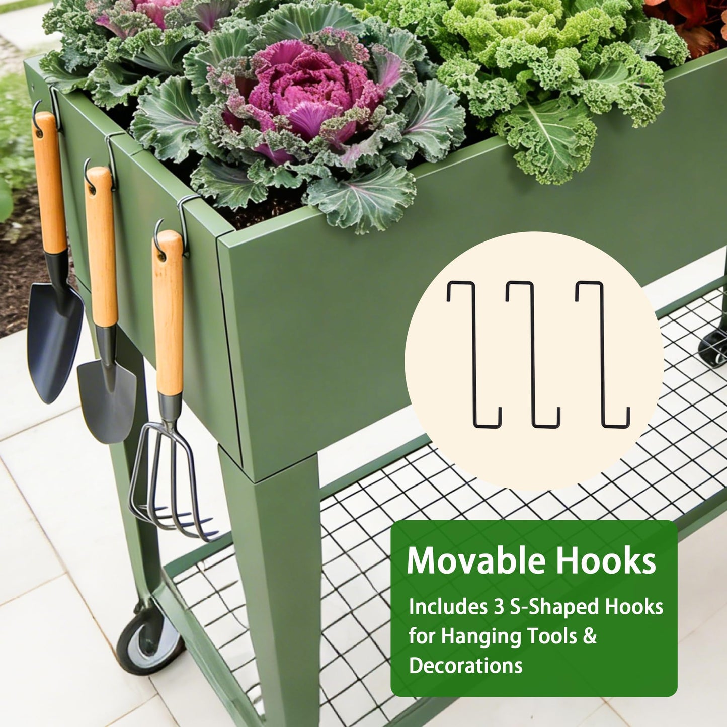 TISUWING Foldable Raised Garden Bed with Wheels, 38 x 14 x 32 Inch Galvanized Steel Elevated Planter with Storage Shelves, Rolling Outdoor Planter Box for Herbs, Vegetables & Flowers, Green