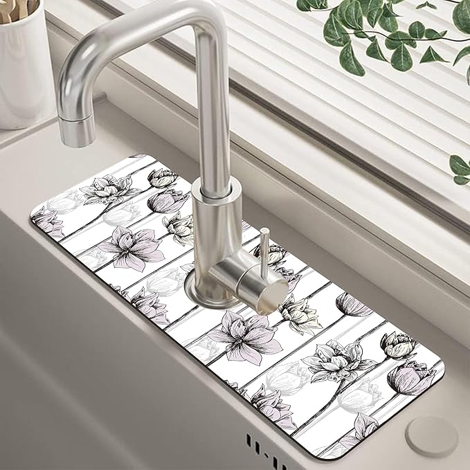 Water Lily Flower Kitchen Sink Splash Guard Mat Absorbent Fast Drying Mat