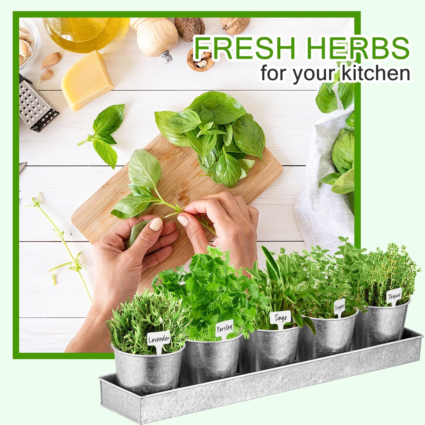FoldTier 2 Sets Herb Garden Planter Indoor Kit with Trey 10 Pcs Metal Windowsill Plant Pots with Drainage Holes Indoor Herb Planter with Marker and Labels for Home Outdoor Plants(Silver)