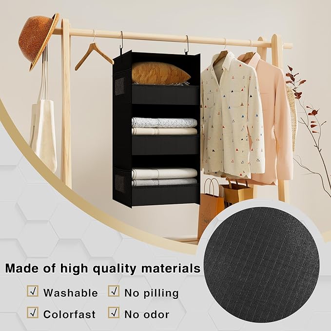 3-Shelf Hanging Closet Organizer and Storage, Foldable Hanging Closet Shelves