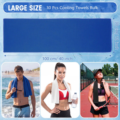 Hosuly 30 Pack Cooling Towels 40"x12" Cooling Neck Wraps Soft Breathable Chilly Towel Ice Towels Microfiber Workout Towel for Yoga Sport Running Workout Gym Camping Fitness Activities (Classic)