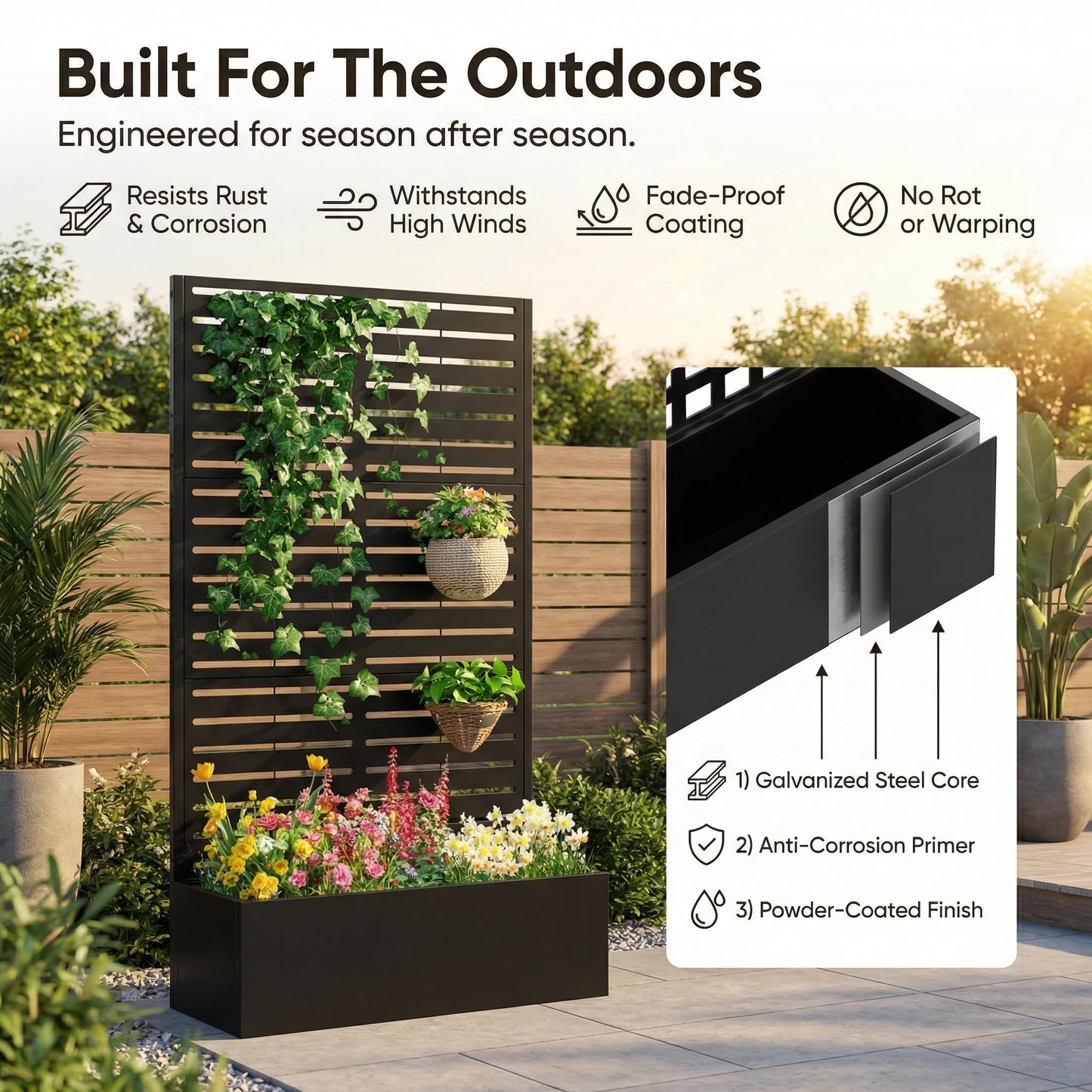 TABU Metal Planter Box with Trellis, 71"x47"x16" Galvanized Steel Raised Garden Bed with Privacy Screen, Multi-Functional Outdoor Standing Planter with Drainage Holes for Climbing Plants, Black