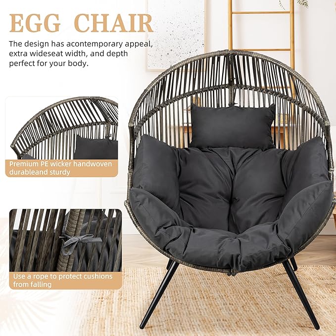 Vongrasig Wicker Egg Chair PE Rattan Chair with Cushion, Oversized Patio Lounge Chair for Outdoor, Indoor, Balcony, Backyard, Garden, Living Room, (Black/Rattan)