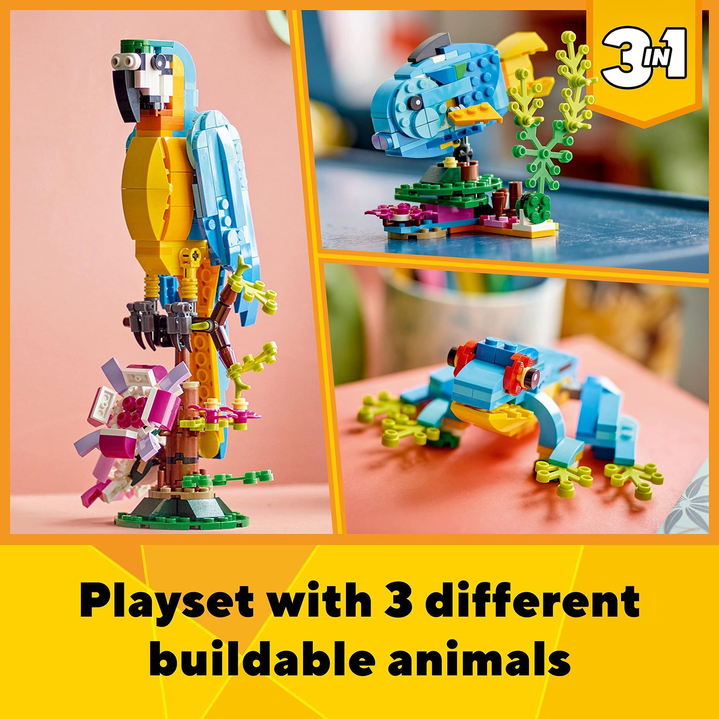 LEGO Creator 3 in 1 Exotic Parrot to Frog to Fish Animal Figures Building Toy, Creative Toys for Kids Aged 7 and up 31136