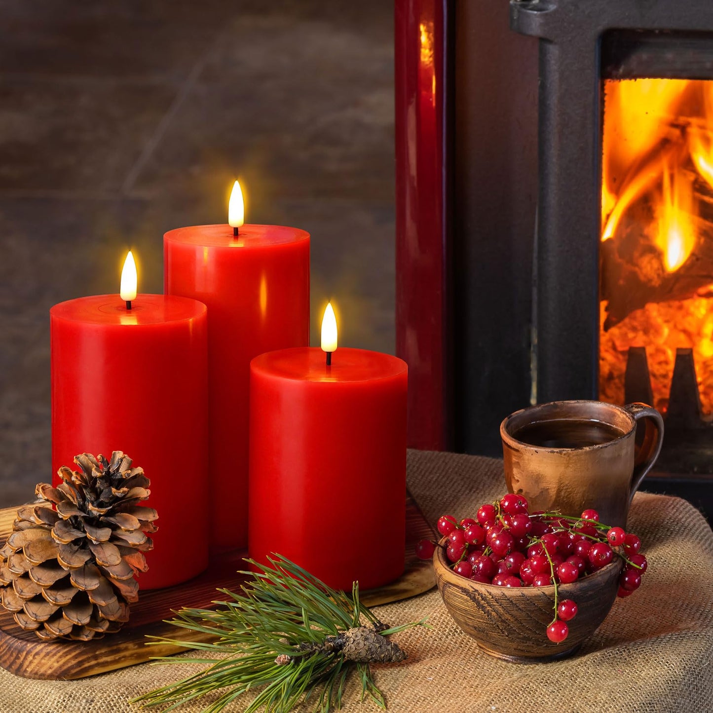 Eywamage Red Flameless Pillar Candles with Remote, Flickering Battery Operated LED Wax Candles Set of 3