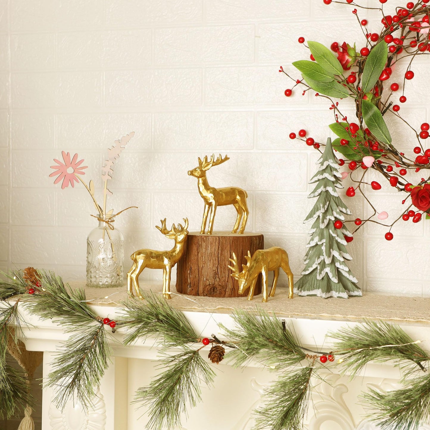 Lulu Home 3 PCS Christmas Tabletop Decorations, Resin Golden Reindeer Family Figurines with Diverse Postures, Xmas Holiday Winter Centerpieces Ornaments for Mantel Shelf Sill Decor(Peer)