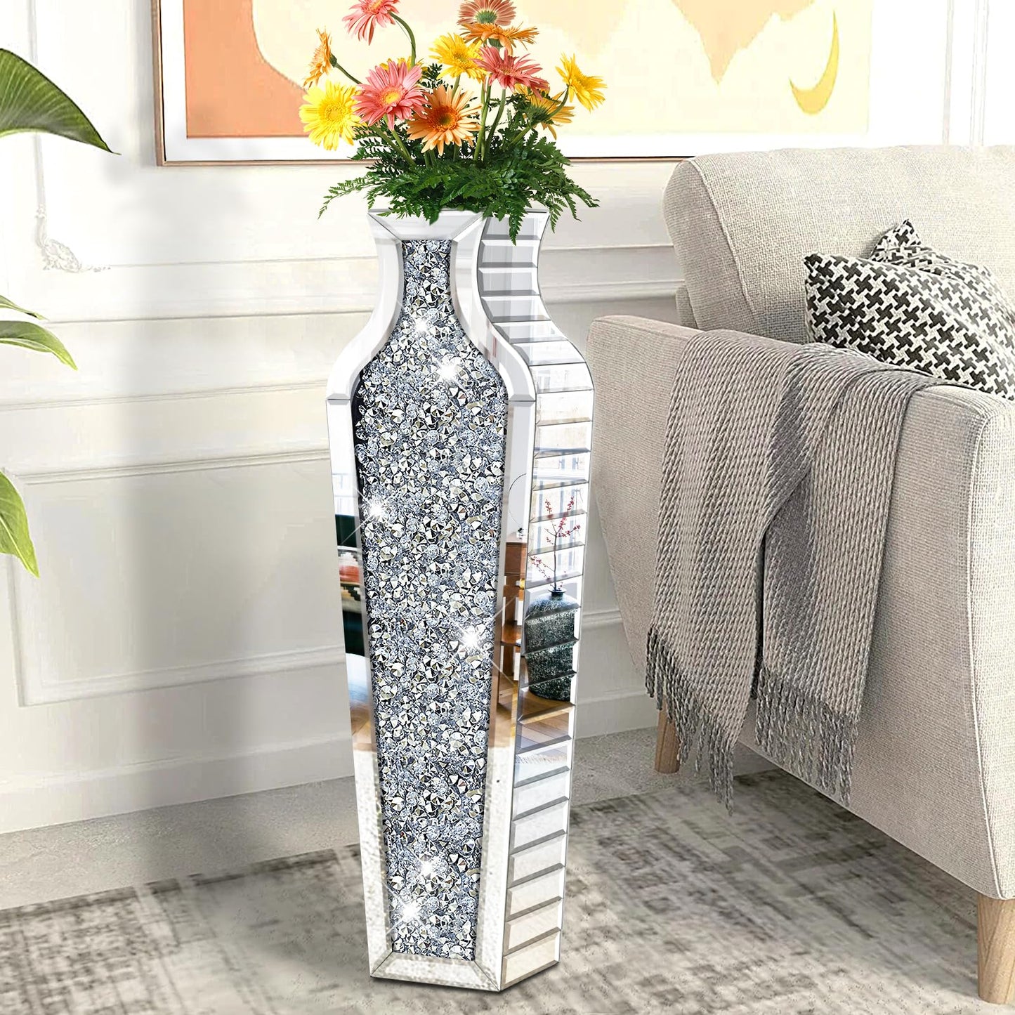 GA Home 27" Tall Crushed Diamond Floor Vase, Silver Large Vases for Decor Living Room, Crystal Mirrored Home Decor Vases for Dried Flower
