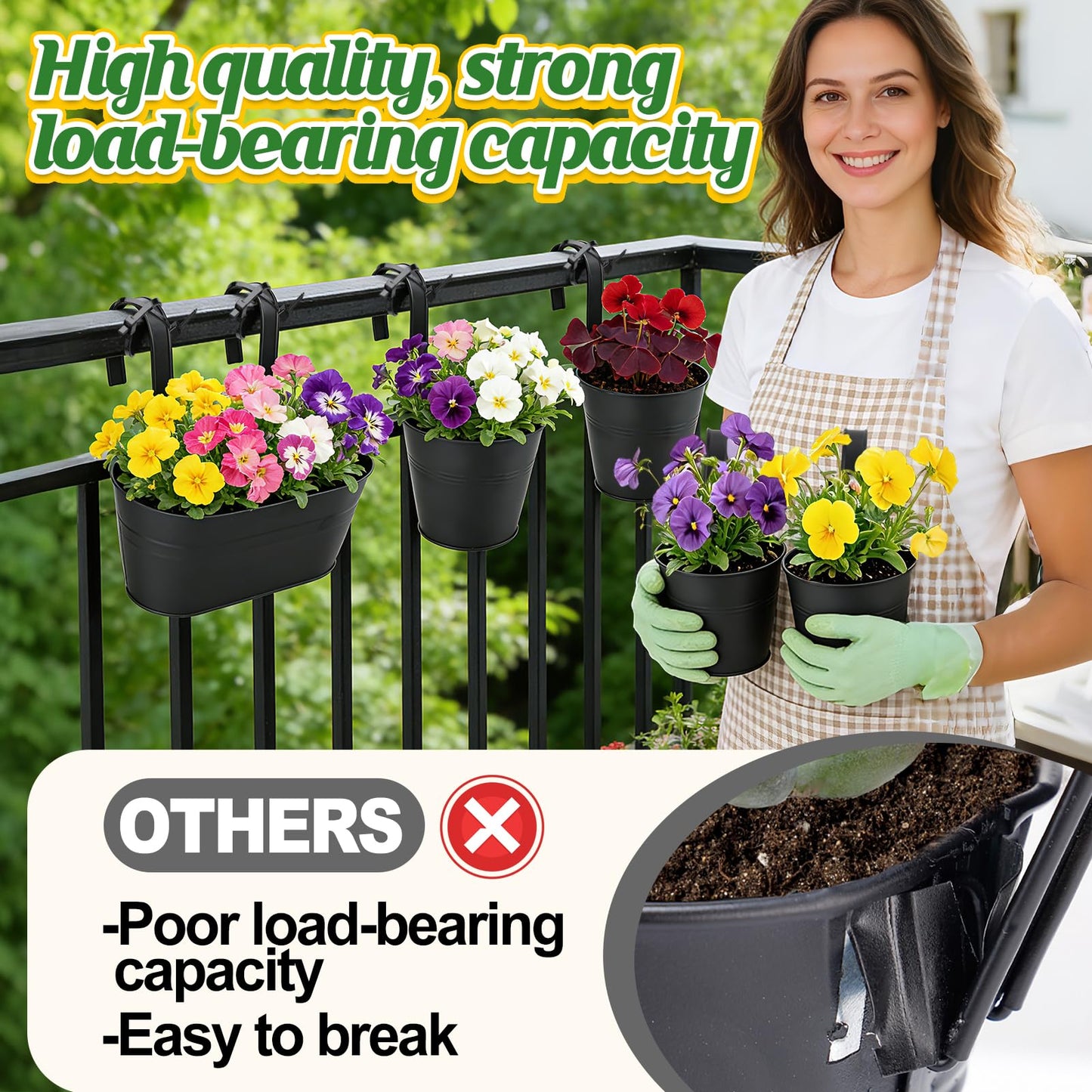 MADHOLLY 6Pcs Railing Planter with Drainage - 10.8" & 5.1" Bucket Pots for Balcony Railing, Metal Iron Hanging Flower Pots for Herb Planter Outdoor Deck & Rail Decor with Hook, Black
