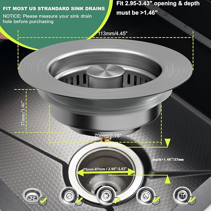 Kitchen Sink Drain Strainer 3 in 1, 304 Stainless Steel Pop Up Sink Stopper