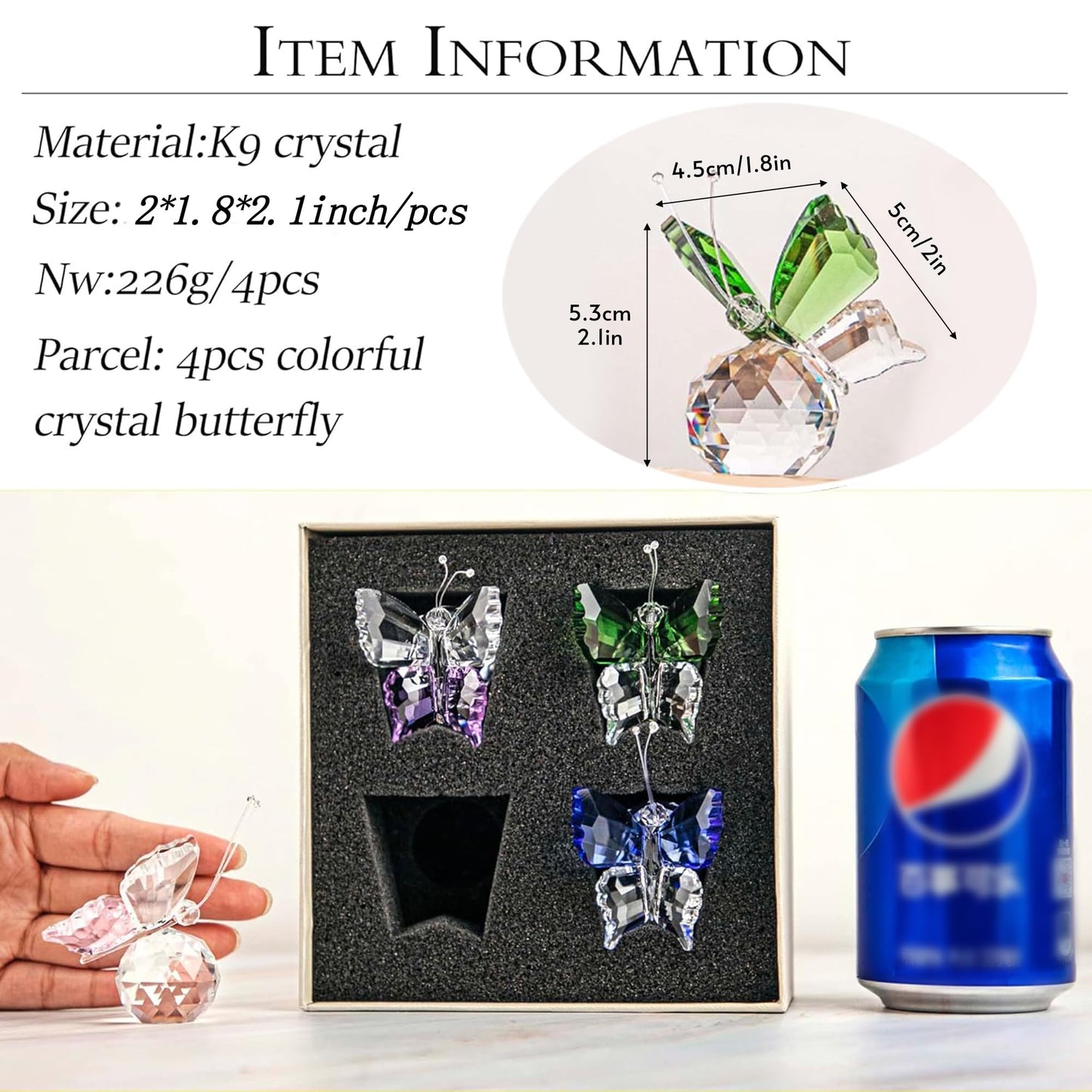 H&D HYALINE & DORA Set 4pcs Crystal Flying Butterfly with Ball Base Figurine Cut Glass Ornament Statue Animal Figurine Collection Home Wedding Office Table Decorations