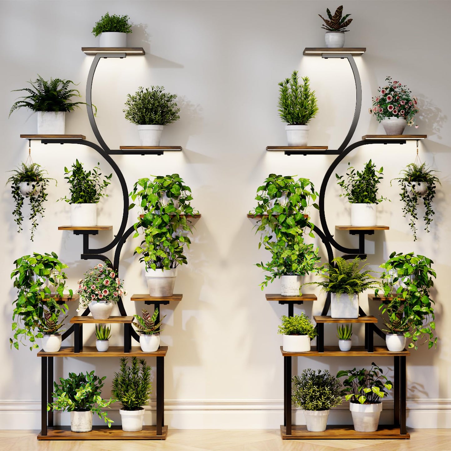 Plant Stand Indoor with Grow Lights - 9-Tier Curved Plant Stand, Tall Metal and Wood Indoor Plant Shelf with Unique Arched Design, Multi-Tier Flower Pot Holder Rack with Waterproof Finish, 63" Tall for Living Room, Balcony, and Garden
