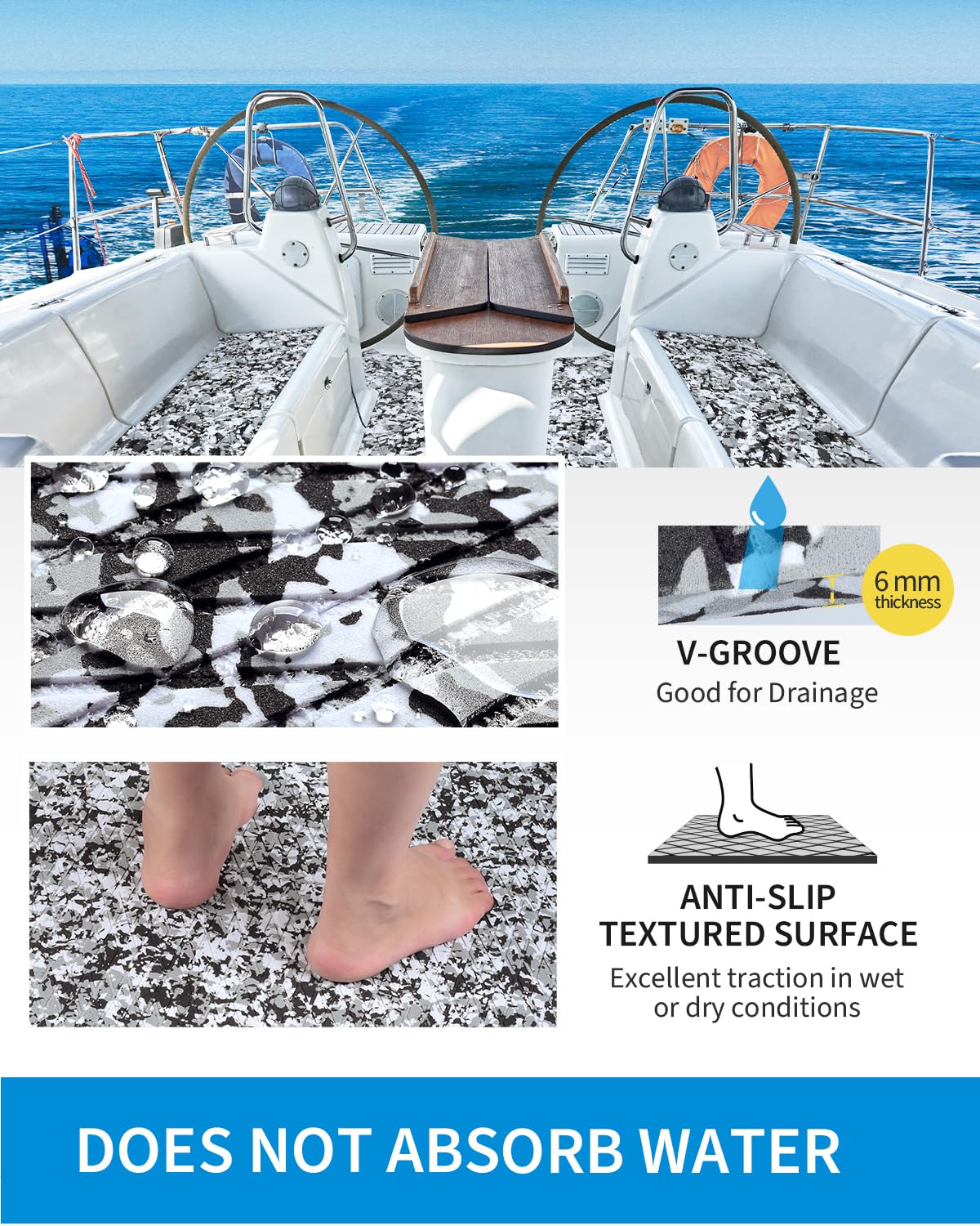 OCEANBROAD Self-Adhesive 96''x23.5''x2 Pack Camouflage Boat Flooring Non-Slip EVA Foam Sheet Marine Grip Mat for Jon Boats Surfboard SUP Paddle Board Kayak Yacht, Camo Black