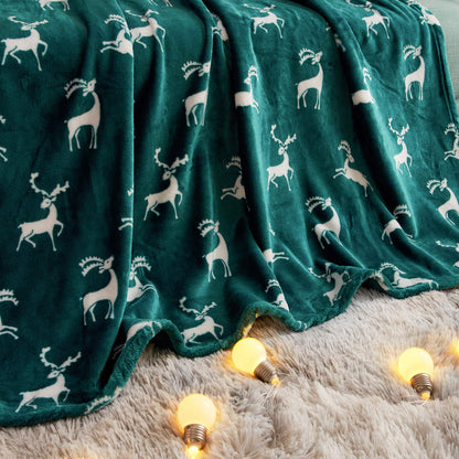 FY FIBER HOUSE Christmas Home Decor Flannel Fleece Throw Blanket for Couch Sofa with Reindeer Print，50"X60", Green