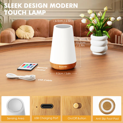 Auxmir Night Light, LED Touch Bedside Table Lamp, Remote Control Dimmable Light with RGB Color Changing, USB Rechargeable, Portable Lamp for Children, Kids, Bedroom, Living Room, Camping