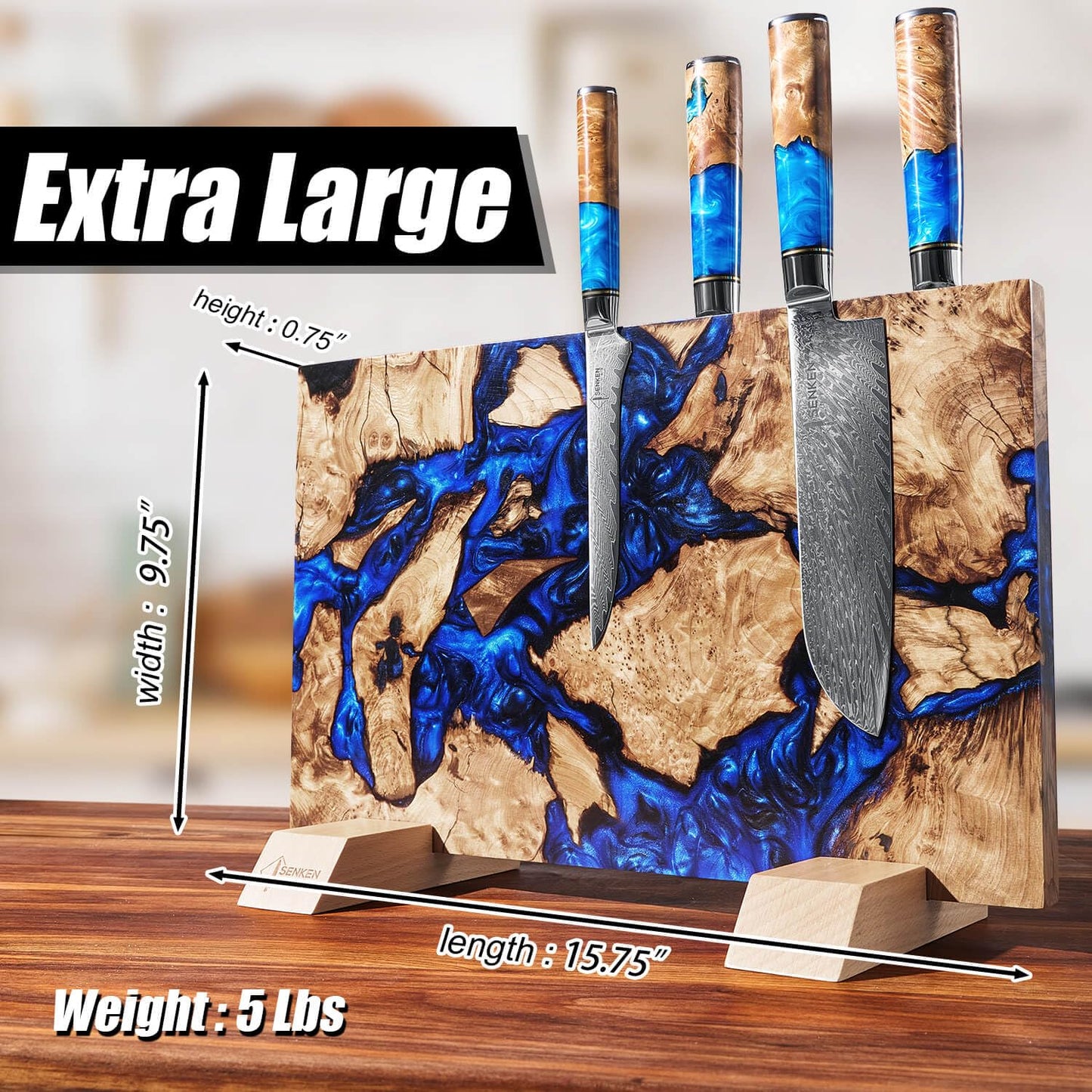 SENKEN "Dark Tsunami" Extra Large Magnetic Knife Block - Holds Up to 16 Knives - Knife Block without Knives, Beautiful Dark Blue Resin Burl Wood Blend Knife Holder ("Dark Tsunami " Blue Resin Blend)