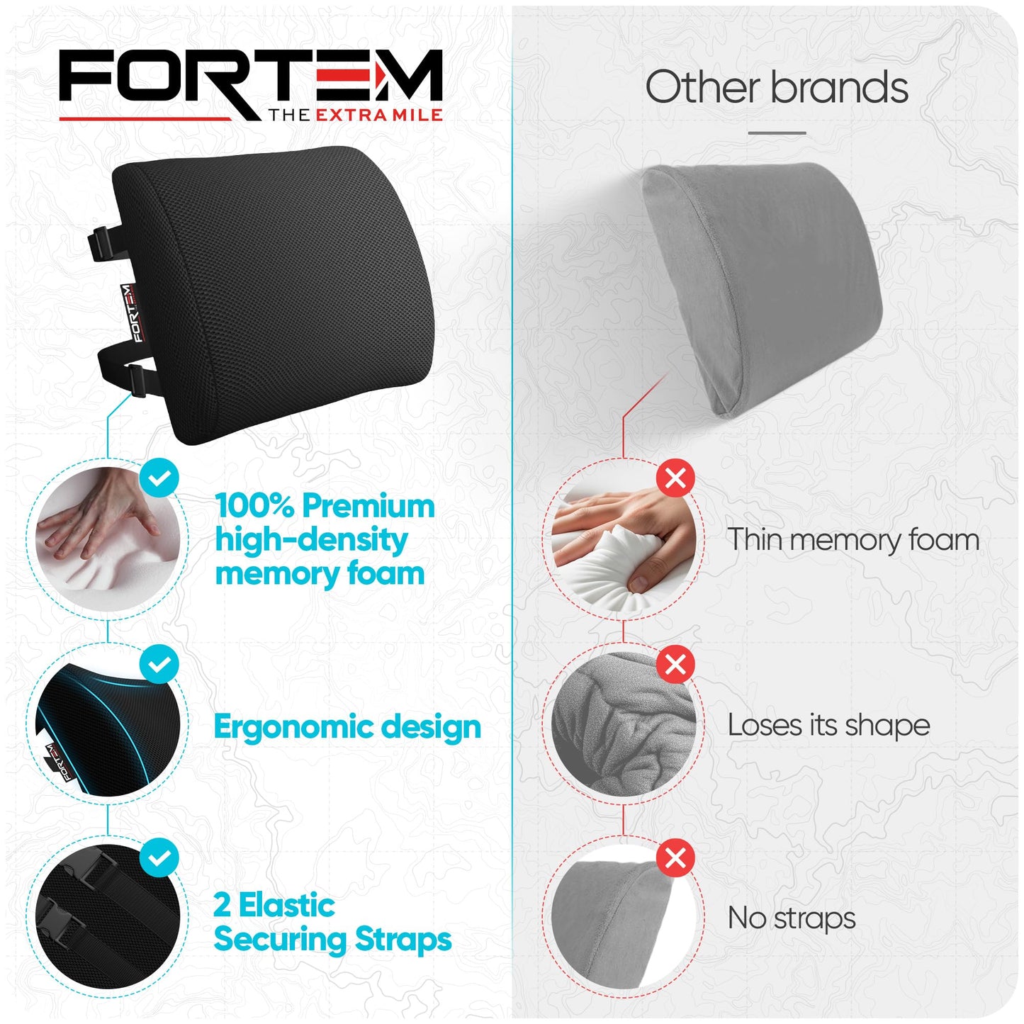 FORTEM Lumbar Support Cushion, Back Support for Office Chair and Car Seat, Back Rest for Gaming, Memory Foam Pillow, Desk Chair Cushion, Breathable & Washable Cover, Adjustable Straps