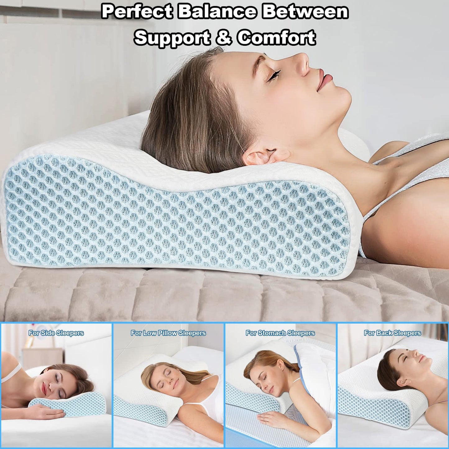 PKBD Memory Foam Pillow with Replacement Pillowcase(Cooling Ice Silk&Cotton),Neck/Shoulder Pain Relief,Ergonomic Orthopedic Cervical Pillow,Bed Pillow for Side,Back,Stomach Sleepers