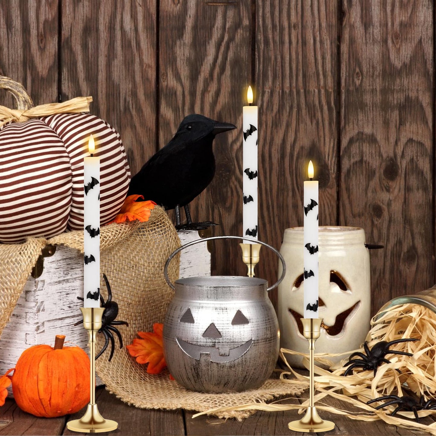 SEHNSY Halloween Flameless Taper Candles with Remote and Timer, 4 Pack Bat LED Flickering 3D Flame Real Wax Candles, Battery Operated Halloween Table Decor for Spooky Indoor Displays