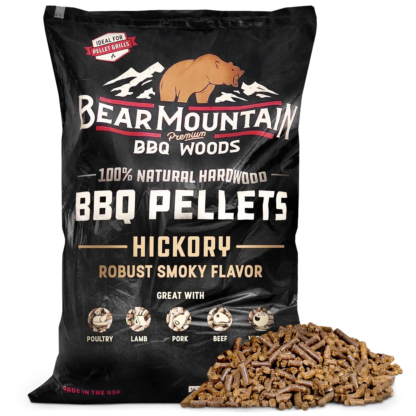 Bear Mountain Premium BBQ Woods 100 Percent All Natural Hardwood Hickory Pellets, Perfect for Pellet Smokers & Grills for Wood-Fired Flavor, (40 Pounds Bag)