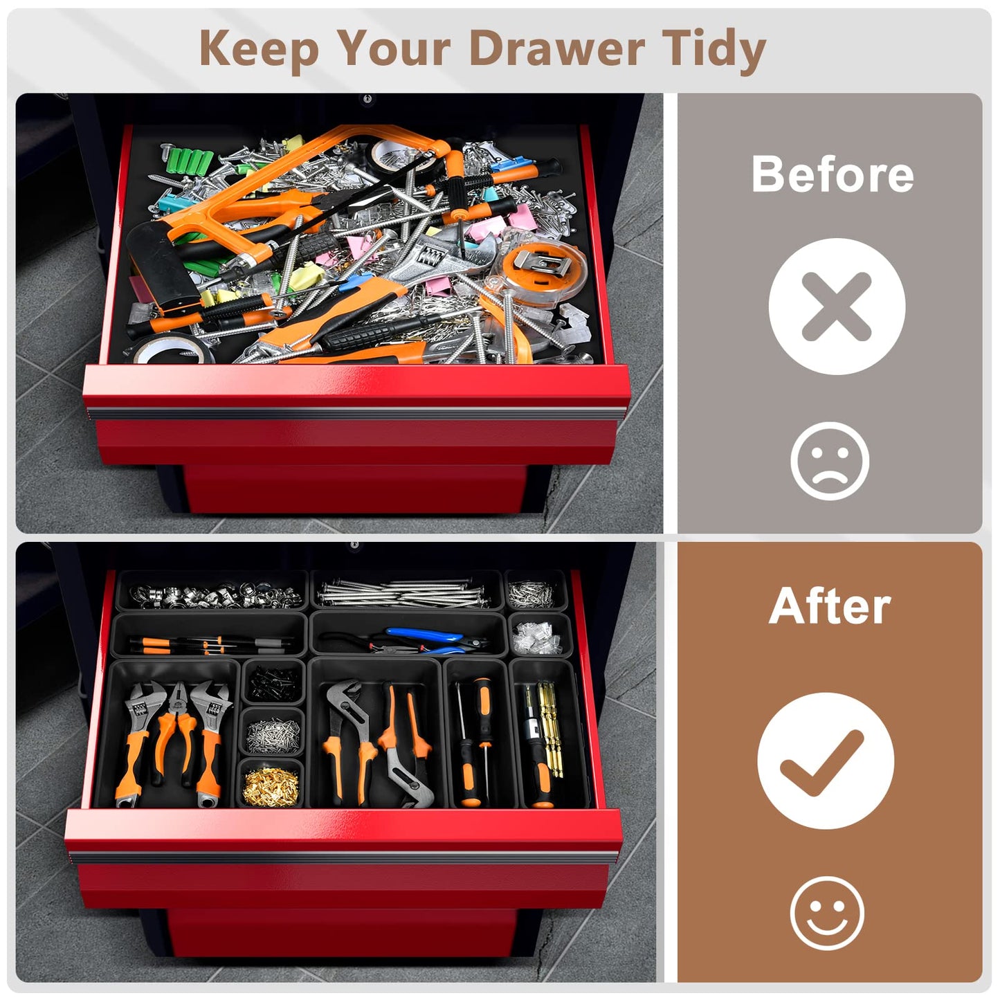 A-LUGEI【𝟲𝟵𝗣𝗰𝘀】【𝟱 𝗦𝗶𝘇𝗲】 Tool Box Organiser Tray Divider Set, 【Black】 Desk Drawer Organiser, Garage Organisation and Storage Toolbox Accessories Rolling Tool Chest Cart Cabinet Workbench