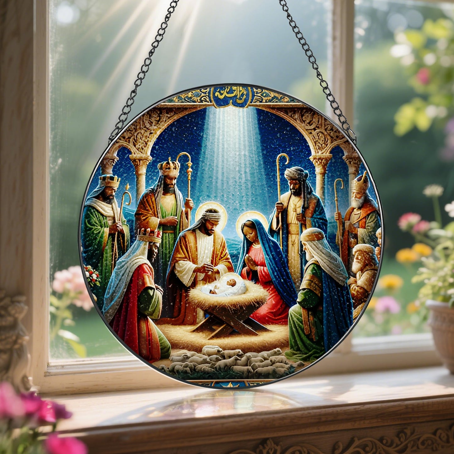 Stained Glass Suncatcher, Black Nativity Scene Sun Catcher Ornament; Stained Glass Window Hanging, Christmas Ornament, Christian Decor; Gifts for Christmas, Christian Gift, Religious Gift