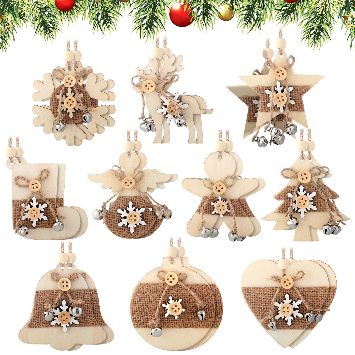 Soaoo 20 Pcs Rustic Christmas Wooden Ornament Set Farmhouse Reindeer Star Wood Ornaments Wood Christmas Tree Decorations with Burlap Rope Bell 10 Style Decorative Hanging Decor for Xmas Home(Rustic)