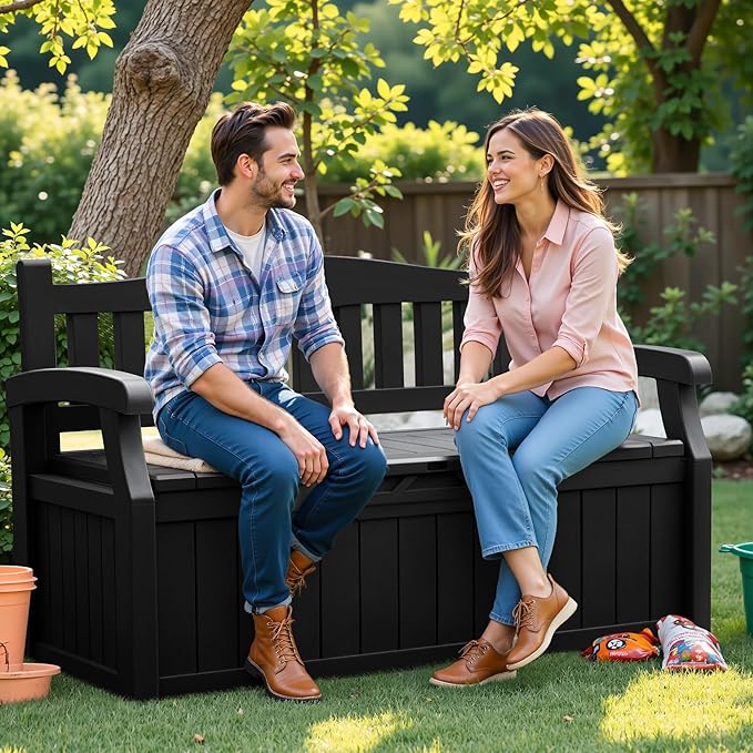 Flamaker 80 Gallon Storage Bench Outdoor Indoor, Durable All-Weather Seating with Hidden Storage, Lockable Deck Box for Garden, Patio, Poolside (Black)