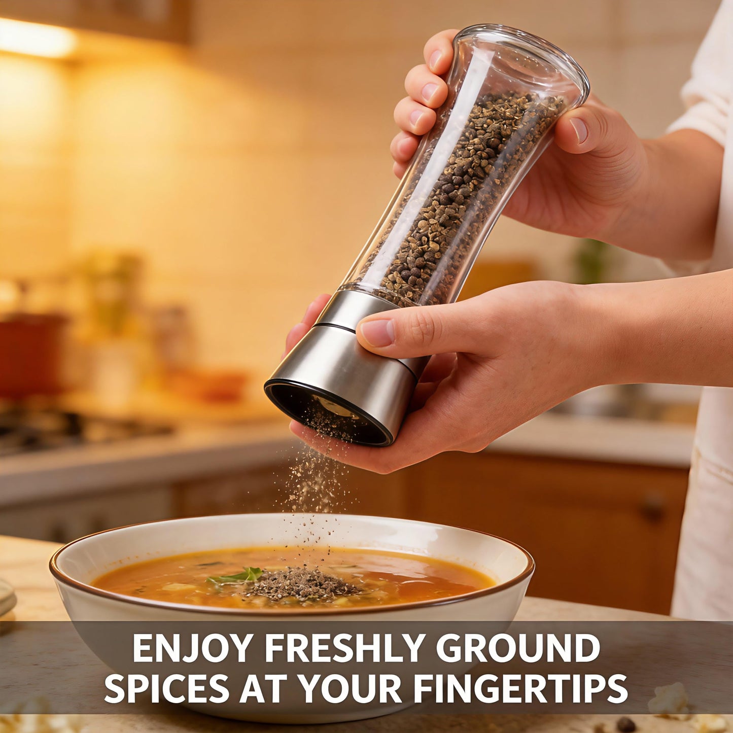 Gorgeous Salt & Pepper Grinder Set — Refillable Stainless Steel & Glass Spice Mill with Adjustable Coarseness - Perfect For Himalayan Or Sea Salts, Fresh Ground Pepper, Or Fresh Spices (2 Pack)