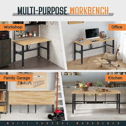 SPECRAFT 60" Folding Workbench, Adjustable Foldable Workbench with 2000 LBS Capacity, 30.7"-40" Height, Rubber Wood Top for Garage, Workshop, Office