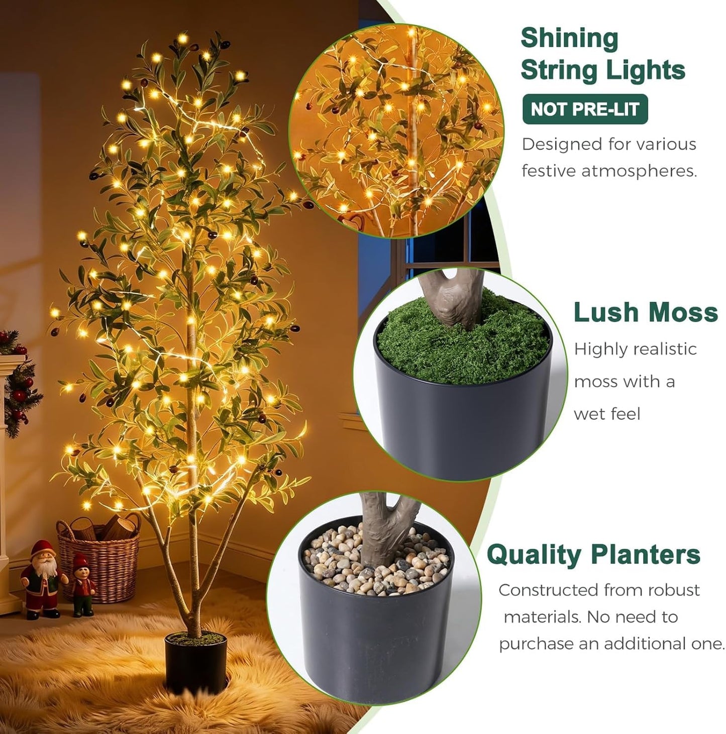 Olive Trees Artificial Indoor, 7FT Tall Faux Olive Tree with Moss and Planter, Artificial Plants Indoor with Natural Wood Trunk and Lifelike Fruits, Fake Tree for Home Office Living Room Decor