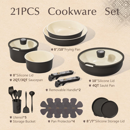 CAROTE 21-Piece Ceramic Cookware Set, Nonstick Pots and Pans Set with Detachable Handle, Non-Toxic Kitchen Cooking Set, Induction Compatible, Dishwasher & Oven Safe, Charcoal