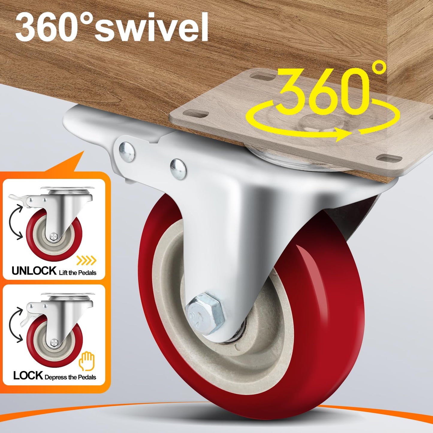 Caster Wheels 4 Inch, Heavy Duty Caster Set of 4, Swivel Castor Wheel with Dual Locking Brakes, Silent Polyurethane (PU) Wheels, 360° Rotation, for Furniture and Workbench, Load 2600lbs