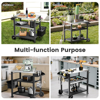 NUUK 3-Shelf Grill Cart for Outdoor with Stainless Steel Top – 20" x 32" Movable Pizza Oven Stand with Wheels Kitchen Prep Table BBQ Cart Worktable