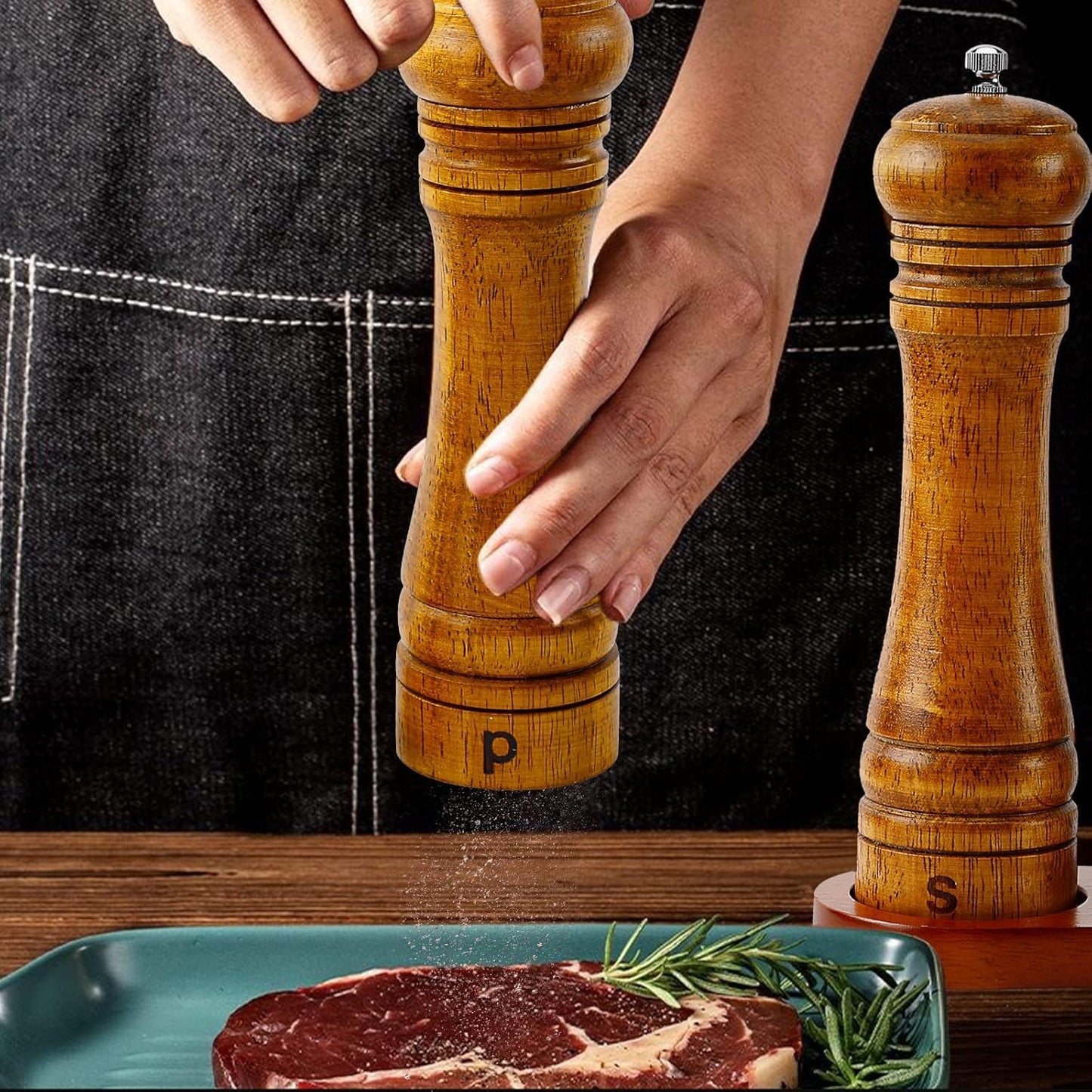 BIVIPO Salt and Pepper Grinder Set, 8 Inch Oak Wood Mills, Adjustable Coarseness, Manual Twist, 2-Pack with Tray, Wood Pepper Grinder And Salt Mill,Easy to clean