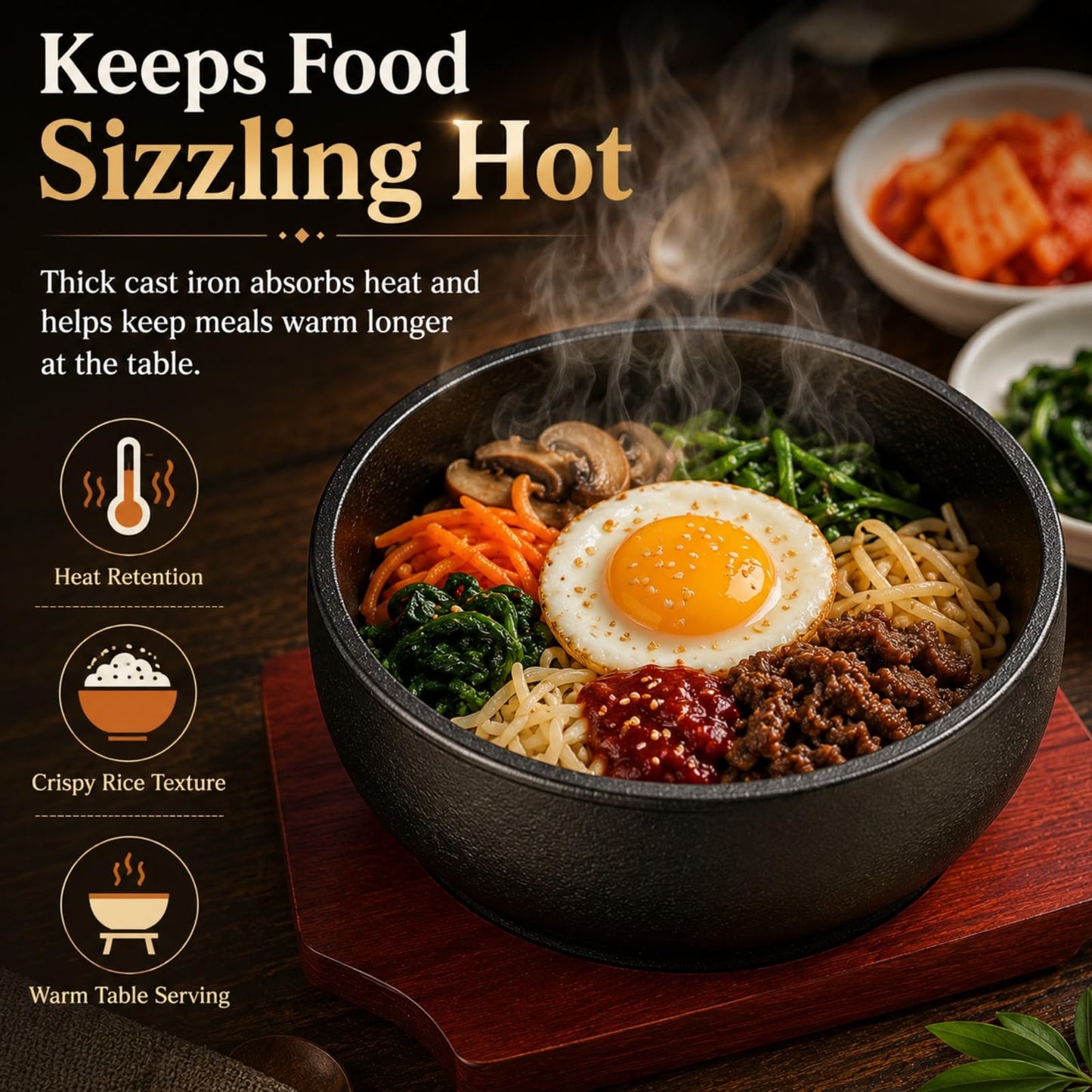 XICHENGSHIDAI Cast Iron Dolsot Bibimbap Bowl with Wooden Base, 31 oz Korean Sizzling Rice Bowl, Heat-Retaining Hot Pot Bowl for Soup, Rice, Stew and Korean Cooking