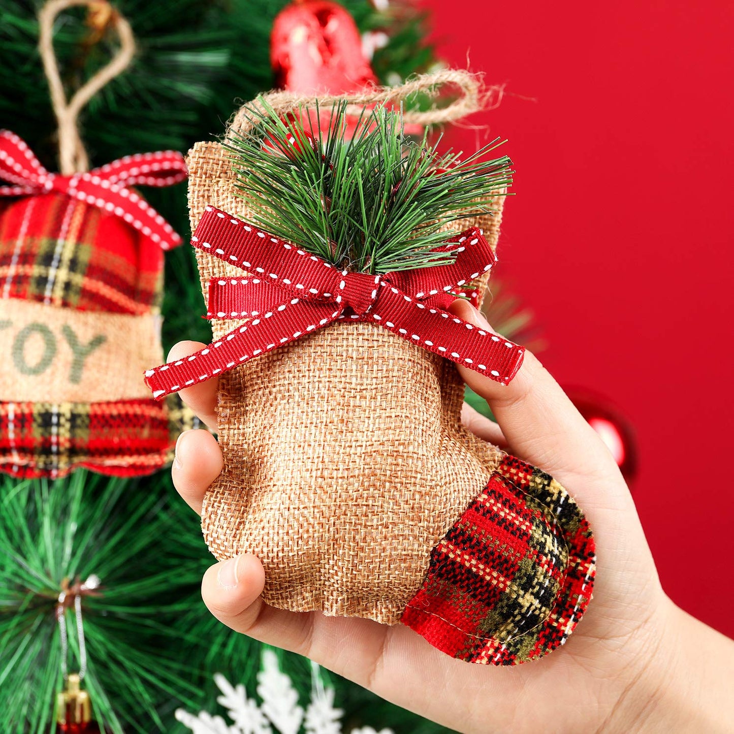 WILLBOND 16 Pcs Rustic Burlap Christmas Tree Ornaments Bulk Farmhouse Country Christmas Decorations Red Buffalo Plaid Stocking Hanging Ornaments for Xmas Holiday Family Office Party Gifts Decor
