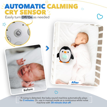 Bubzi Co Sound Machine, Portable Penguin Soother & Night Light Projector, Comforting Electronic Infant Toddler Sleep Aid With White Noise