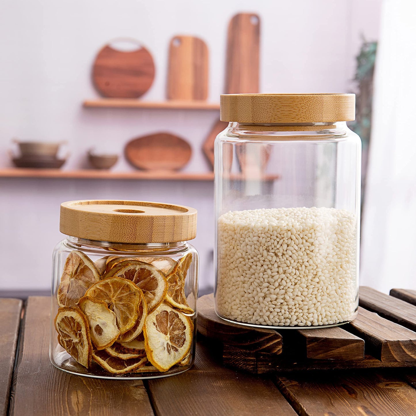 MOLADRI 480 ml / 16 oz clear cute glass storage canister holder with airtight bamboo lid, modern decorative small container jar for coffee, spice, candy, salt, cookie, condiment, pepper, sugar