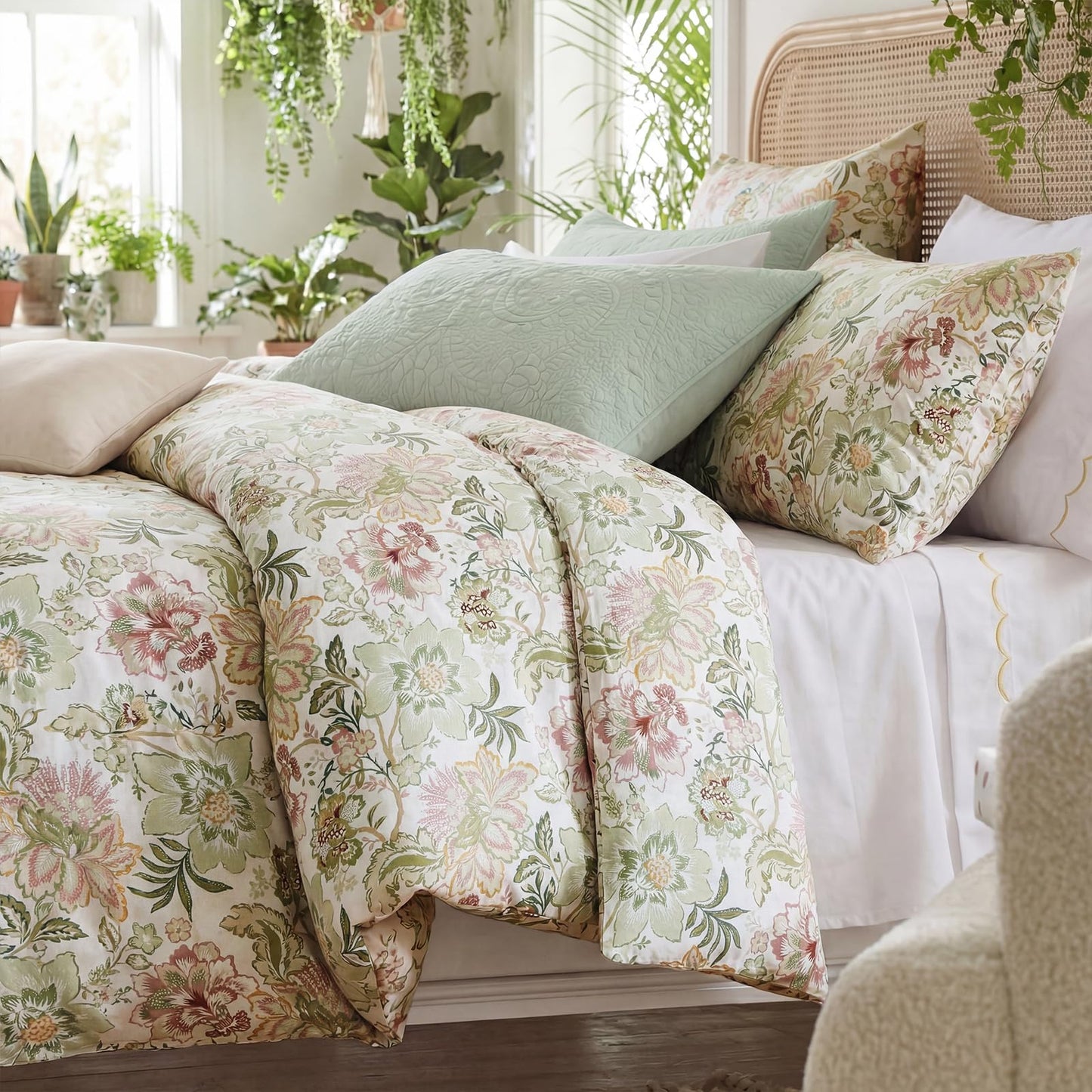 Bedorm 100% Cotton Duvet Cover Set Botanical Floral Bedding King Pink Flower Green Leaf French Country Bedroom Decor Soft & Durable Duvet Cover with Zipper Closure and Corner Ties